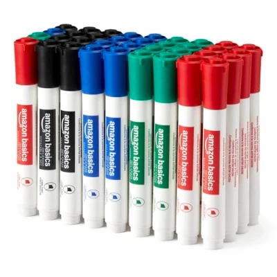 Abbildung von Amazon Basics Whiteboard Marker, geruchsarm, trocken abwischbar, Keilspitze, 4 Mehrfarbig, 36 Stück