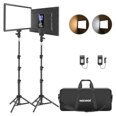 Abbildung von NEEWER 13&quot; LED Videolicht Panel Set mit Stativ, Streaming Licht Lithium Akku 2er Pack weiches Videoleuchte 3200K 5600K CRI 97+ 2400lux, Studio Light für Live Gaming YouTube Kamera Fotografie