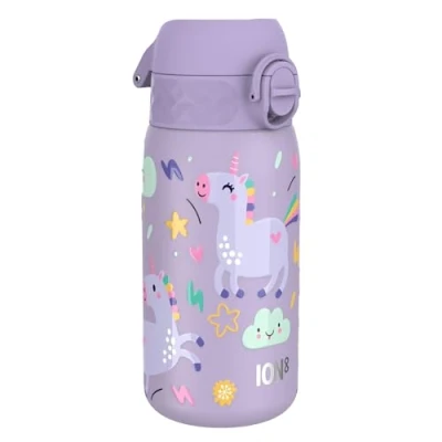 Abbildung von Ion8 Kinder Trinkflasche, Edelstahl 400ml, Auslaufsicher, Einhandöffnung, Sichere Verriegelung, Spülmaschinenfest, Klappdeckel, Tragegriff, Leicht zu Reinigen, Langlebig &amp; Kratzfest, Helllila Einhorn
