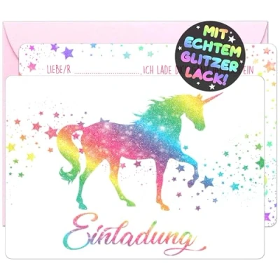 Abbildung von 12x GLITZER Einhorn EINLADUNGSKARTEN KINDERGEBURTSTAG Mädchen Junge + Umschläge die Regenbogen PARTY Karten sind Einladung für Kinder GEBURTSTAG Pferde UNICORN