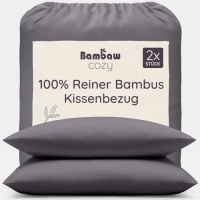 Abbildung von Bambaw Kissenbezug 40x60 cm (2 er Pack) 100% Bambus hypoallergen weicher und atmungsaktiver Kopfkissenbezug schwarz Allergiker