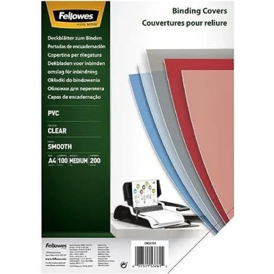 Abbildung von Fellowes Klarsicht Deckblatt aus PVC, A4 Format, 200 mic Stärke, transparent, ideal für Plastikbindung und Drahtbindung, Pack mit 100 Stück