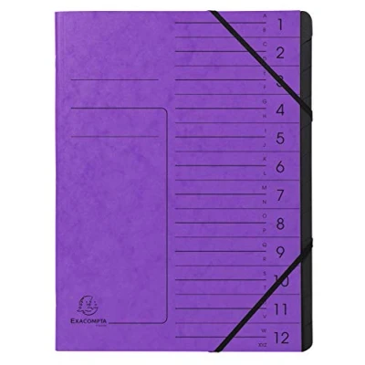 Abbildung von Exacompta 541208E Premium Ordnungsmappe geheftet. Aus extra starkem Colorspan Karton DIN A4 12 schwarze Fächer und 2 Gummizüge mit Organisationsdruck Ringmappe Register Mappe violett
