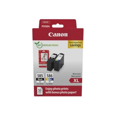 Abbildung von Canon PG 585XL / CL 586XL Original Tintenpatronen, 2er Pack (1x Schwarz, 1x Farbe), inkl. 50 Blatt 4x6 Fotopapier Kompatibel mit PIXMA TS7650i TS7750i
