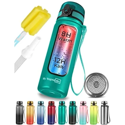 Abbildung von My Vesperbox Thermo Minny Edelstahl Trinkflasche auslaufsicher mit Strohhalm oder Sieb 400ml, 600ml Robuste Wasserflasche für Kinder und Erwachsene BPA frei (Türkis, 600 ml)