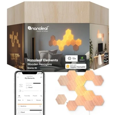 Abbildung von Nanoleaf Elements Hexagon Starter Kit, 13 Smarten Holzoptik LED Panels Modulare Dimmbare WLAN Wandleuchte Innen, Musik Sync, Funktioniert mit Alexa Google Apple, Deko Wohnzimmer Schlafzimmer Büro