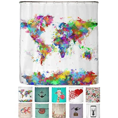 Abbildung von arteneur® Weltkarte Anti Schimmel Duschvorhang 180x200 Recycelt mit Öko Tex Standard 100 Beschwerter Saum, Blickdicht, Wasserdicht, Waschbar, 12 Ringe &amp; E Book Reinigungs Tipps