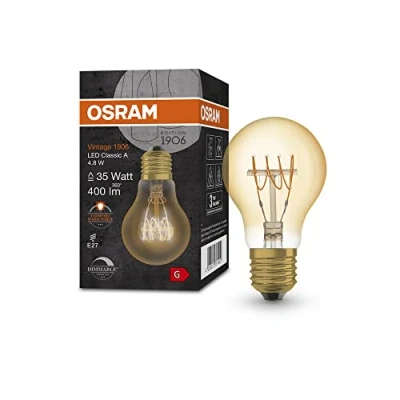 Abbildung von OSRAM s Vintage 1906 Gold Tönung,4,8W,400lm,Glühnform(Classic A) E27 Sockel,warmweiße Lichtfarbe,spiralförmiges Filament,dimmbar,bis zu 15.000 Stunden Lebensdauer,4058075761452,35W Ersatz