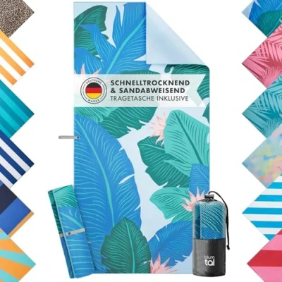 Abbildung von Blumtal Strandhandtuch 90x180 cm Mikrofaser kompaktes und schnelltrocknendes Handtuch/Strandtuch XXL Stranddecke sandfrei + Band Badetücher Badehandtuch sandabweisend Blätter &amp; Blumen Print
