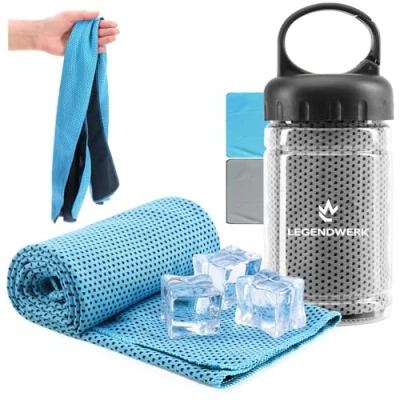 Abbildung von com four® 2X Kühlhandtuch in Flasche Cooling Towel Kühltuch kühlendes Tuch bei Hitze, Müdigkeit, Anstrengung, Sport, Sonnenbrand, Verbrennungen oder Insektenstichen, Camping (2X blau/grau)