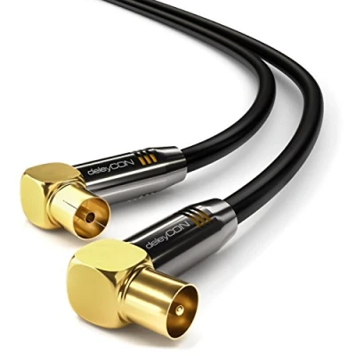Abbildung von deleyCON 5m 4K TV Antennenkabel Ultra HD Full HDTV 2x Gewinkelt Koaxialkabel IEC Stecker (90 Grad) zu Buchse Metallstecker Schwarz