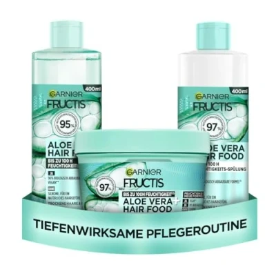 Abbildung von Garnier Haar Set für trockenes mit Aloe Vera, 3in1 Maske, Shampoo und Spülung, unbeschwerende anti frizz Pflege, Fructis Hair Food Set, 3 x 400 ml