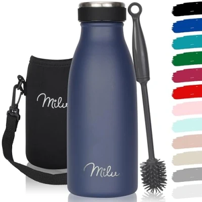Abbildung von Milu Edelstahl Trinkflasche 350ml, 500ml, 750ml, 1L, 1,5L Thermosflasche für Kinder Erwachsene auslaufsicher Isolierflasche Kohlensäure geeignet inkl. Reinigungsbürste (Navyblau, 350ml)