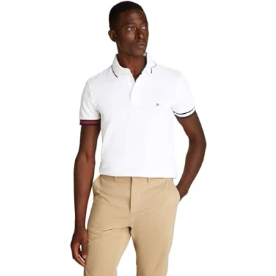 Abbildung von Tommy Hilfiger Herren Poloshirt Kurzarm Flag Cuff Slim Fit, Weiß (White), L