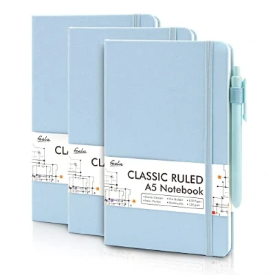 Abbildung von feela Notizbuch A5 liniert Hardcover, 3 Notizbücher Set, Journal Buch mit Gelstifte schwarz, 120 GSM, 13x21cm, Notizblock Set geeignet für Büro, Schule, Kinder und Erwachsene, Din A5, hellblau