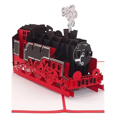 Abbildung von Pop Up Karte Eisenbahn Lokomotive 3D Geburtstagskarte mit Dampflok als Deko, Geschenkverpackung oder Gutschein Eisenbahner