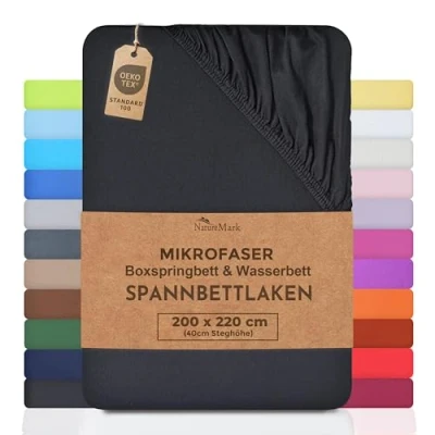 Abbildung von NatureMark Microfaser Boxspringbett &amp; Wasserbett Spannbettlaken 200 x 220 cm 40 Steghöhe 200x220cm Spannbetttuch 100% Polyester, Schwarz