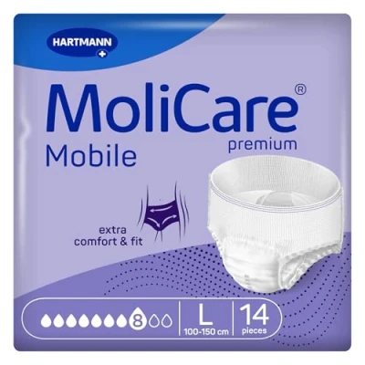 Abbildung von MoliCare premium Mobile 8 Tropfen Größe L, Inkontinenzhosen für Frauen und Männer mit schwerer Inkontinenz, extra Auslaufschutz, fortschrittlicher Hautschutz, verbesserte Passform, 14 Stück