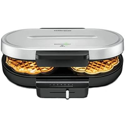Abbildung von ROMMELSBACHER Waffel Automat WA 1250, für 2 Herzwaffeln, je 16 cm, Ø Antihaftbeschichtung, Backampel, stufenlos regelbar, 1250 Watt, schwarz/silber