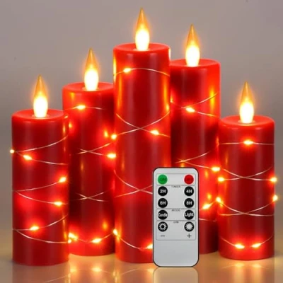 Abbildung von Da by LED Kerzen, 5 Stück, Lichterkette, 360 Grad Blickwinkel, mit sternenklare 10 Tasten Fernbedienung, 24 Stunden Timer Funktion, tanzende Flamme, echtes Wachs (rot).