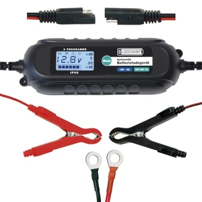 Abbildung von LODCHAMP, 4A Intelligentes Batterieladegerät, 6V/12V KFZ Ladegerät, Erhaltungsladegerät mit Desulfator und Komfortstecker, Polklemmen Ringösenkabel