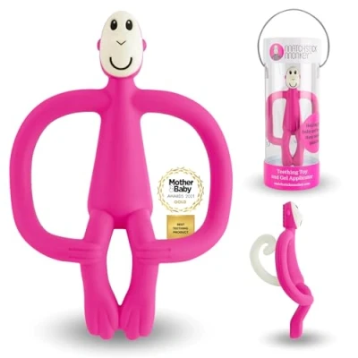 Abbildung von Matchstick Monkey Beißring Affe Original Baby Zahnungshilfe weiche Noppen massieren wundes Zahnfleisch Silikon BPA frei Greifling für Zahnen ab 3 Monaten pink