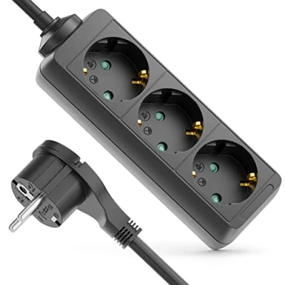 Abbildung von deleyCON 3 Fach Steckdosenleiste mit Flachstecker Stromleiste für Innenbereich 3,0m Kabel Flachkontakt Stecker Robustes Kunststoffgehäuse Schwarz