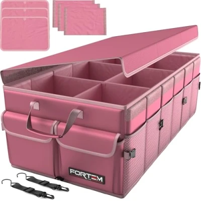 Abbildung von FORTEM Kofferraum Organizer, Kofferraumtasche, Zusammenklappbarer Auto Organizer mit Fächern, Rutschfester Boden, Verstellbare Sicherungsriemen, Klappbarer Deckel (Rosa, Größe XL)
