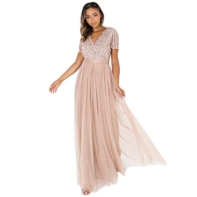 Abbildung von Maya Deluxe Damen Stripe Embellished Maxi With Sash Belt Bridesmaid Dress, Taupe Blush, 42 EU