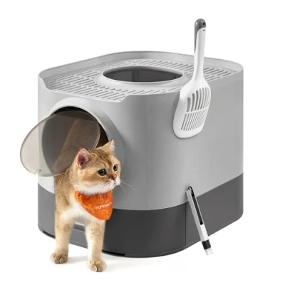 Abbildung von Feandrea Katzenklo, Katzentoilette XXL, mit Deckel, ausziehbares Tablett, Schaufel, Bürste, geräumig für große Katzen, weniger Spuren, auslaufsicherer Boden, Taubengrau schiefergrau PPT002B01