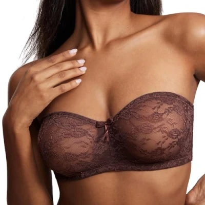 Abbildung von DOBREVA Damen Trägerloser BH mit Bügel Durchsichtig Spitze Dirndl Bandeau BHS Transparenten Trägern Haselnuss 80D