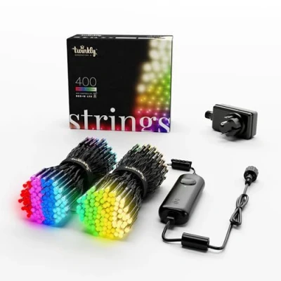Abbildung von Twinkly Strings 400 LED RGB+ Weiß, Lichterkette, Smarte LEDs für den Innen und Außenbereich, Kompatibel mit Home Kit, Alexa Google Home, Gaming, IP44, App Steuerung, Schwarzes Kabel, 32m