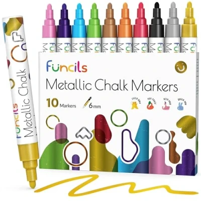 Abbildung von Funcils Kreidestifte für Tafel Abwaschbar 10 Metallic Stifte mit 6mm Umkehrbare Spitze Kreide Stift Fenster, Tafel, Whiteboard und als Glasstift Chalk Markers Erwachsene &amp; Kinder