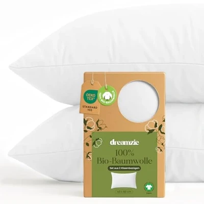 Abbildung von Dreamzie 100% Bio Baumwolle Kissenbezug 40x60 cm 2er Set Weiß mit Reißverschluss Oeko Tex