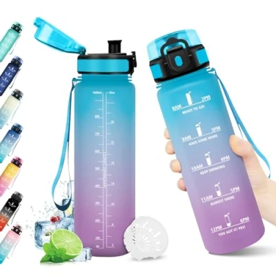 Abbildung von Trinkflasche Sport 1L, mit Zeitmarkierung, Wasserflasche Filter, Auslaufsicher, Kohlensäure Geeignet, BPA frei, für Fitness, Gym, Fahrrad, Yoga, Büro