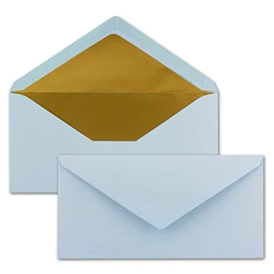 Abbildung von 25 Brief Umschläge DIN Lang Hell Blau mit Gold Metallic Innen Futter 110 x 220 mm Nassklebung festliche Kuverts für Taufe &amp; Geburt