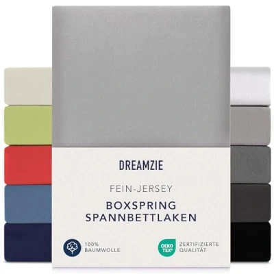 Abbildung von Dreamzie Premium Spannbettlaken 90x200 cm 100x200 37cm Seitenhöhe auch für Boxspringbett &amp; Wasserbett Bettlaken 100% Jersey Baumwolle, 150 g/m² Oeko TEX Grau