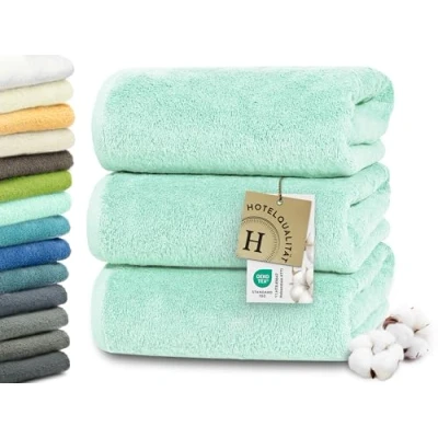 Abbildung von ZOLLNER 3er Set Duschtücher in 70x140 cm besonders weiche und saugstarke Handtücher Mint mit praktischem Aufhänger waschbar bis 95C Baumwolle Hotelqualität