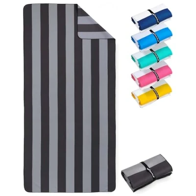Abbildung von Fit Flip Strandtuch XXL Mikrofaser Badetuch Strandtücher leicht und schnelltrocknend 100% recyceltes Handtuch Strandhandtuch zum Baden (Grau Dunkelgrau gestreift 200x90cm)