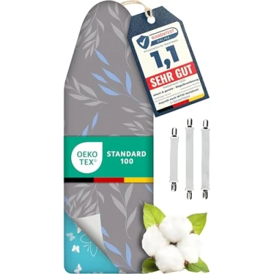 Abbildung von Super Soft 5 Schichten Turbo Bügelbrettbezug 140x40, Vergleichssieger aus Deutschland, ÖKOTEX Baumwoll Polsterung, schneller mit Thermoreflexion, Größen, EasyFit+Spanner, XXL Fläche 130 140x38 45cm