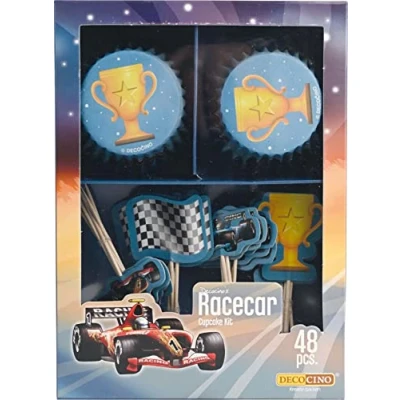 Abbildung von DECOCINO Muffin Set Racecar 48 tlg. 24 Cupcake Förmchen mit Ø 5 cm &amp; Topper aus Papier, ideale Deko für Kindergeburtstage Motto Partys