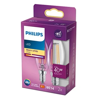 Abbildung von Philips LED classic Lampe E14, Kerzenform, 40 W, warmweiß (2700), 470 Lumen, Glas, 2er Pack