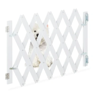 Abbildung von Relaxdays Hundeabsperrgitter ausziehbar bis 108,5 cm, 47,5 60 cm hoch, Bambus, Hunde Schutzgitter für Treppe &amp; Tür, weiß