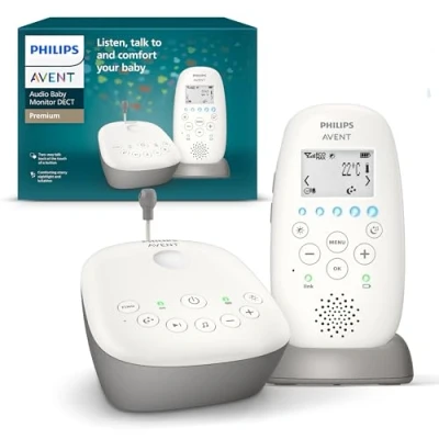 Abbildung von Philips Avent Audio Babyphone, DECT Technologie, Eco Mode, Sternenhimmel, Gegensprechfunktion, Schlaf und Nachtlieder, 18 Std. Laufzeit, maximale Reichweite, weiß (Modell SCD733/26)