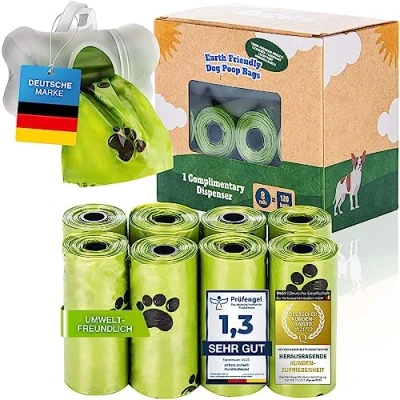 Abbildung von all Pets United® BI0 Hundekotbeutel mit Spender Kompostierbare Kotbeutel für Hunde Hundekotbeutelspender 100% Biologisch abbaubare Hundebeutel Leinen Halter (120 Beutel: 8 Rollen + 1 Spender)