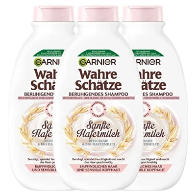Abbildung von Garnier Wahre Schätze Beruhigendes Shampoo Sanfte Hafermilch für empfindliches Haar und sensible Kopfhaut, 3 x 250 ml