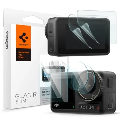 Abbildung von Spigen Glas.tR Slim Schutzfolie kompatibel mit DJI Osmo Action 4, 6 Stück (2 Frontbildschirm Schutzglas + 2 Objektiv Touchscreen Schutzfolien), Anti Kratzer, Blasenfrei, Kristallklar