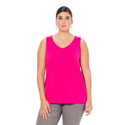 Abbildung von Ulla Popken Damen Top, V Ausschnitt, Classic, Ärmellos T Shirts, Magentapink, 46 48 EU