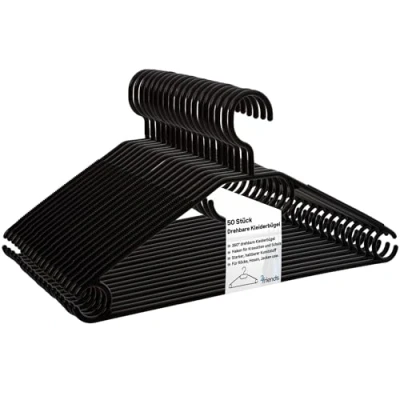 Abbildung von Kleiderbügel 50 Stück mit drehbaren Haken, Bügel schwarz, Kunststoff, Plastik Made in EU, platzsparend, 100% Recyclingmaterial