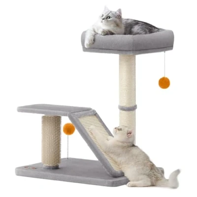 Abbildung von Feandrea Kratzbaum mit Liegefläche, multifunktionaler Katzenbaum Plattform, drehbare Rampe, Katzenbürste, Plüschbälle, Kratzsäule, Kleiner für Katzen, 66,6 cm hoch, hellgrau PCA024G01